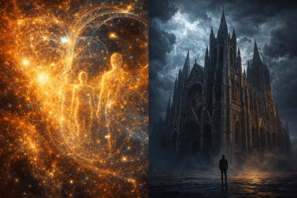 A split visual — on the left, a glowing cosmic universe suggesting "all is one consciousness," and on the right, a solitary figure standing before a towering church or mosque under a stormy sky, representing the distance between man and a transcendent God