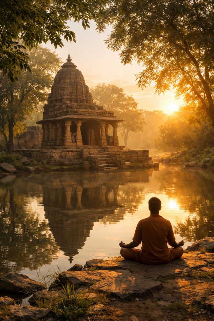 A serene Indian temple at dawn, with a meditating figure in the foreground, surrounded by nature — trees, a still pond, soft golden light. The image evokes inner stillness, spiritual self-discovery, and harmony with nature